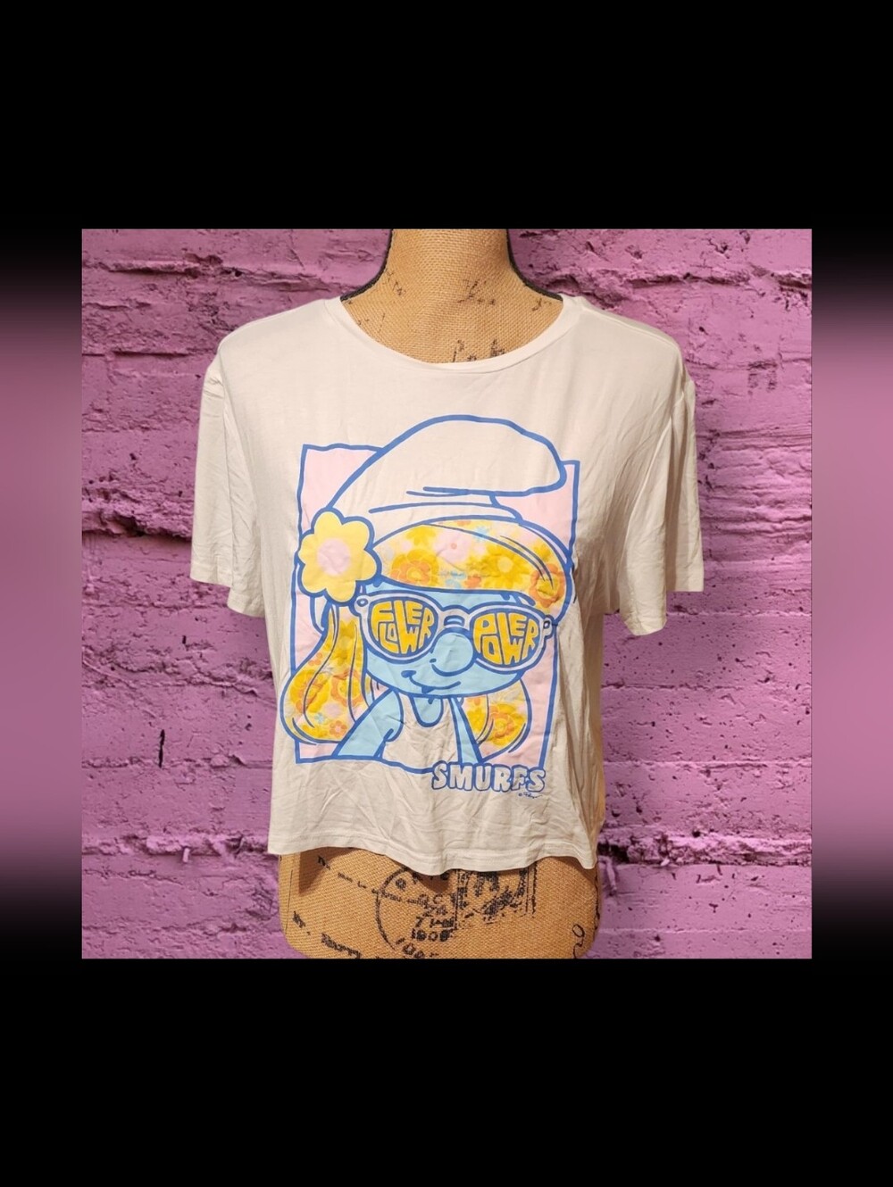 Smurfs X Unique Vintage Cropped Grapgic Tee Feturing A Retro-style Smurfett